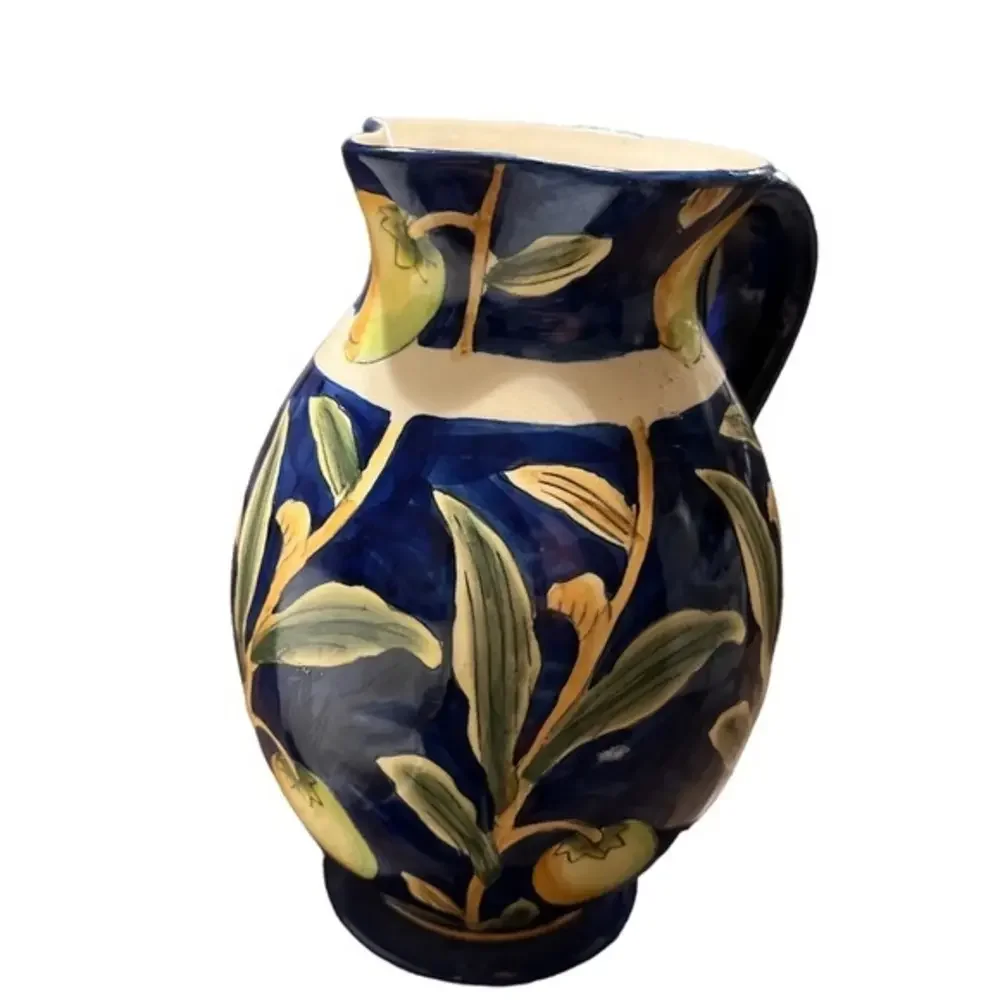 Dept. 52 - Handpainted Cobalt Blue Ceramic Pitcher, Yellow Fruit Beautiful